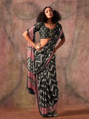 Black Ajarakh Print Satin Georgette Saree With Blouse Piece