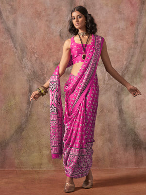 Rani Pink Ajarakh Print Satin Georgette Saree With Blouse Piece