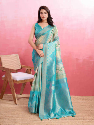 Blue Cotton Banarasi Woven Rich Pallu Printed Saree With Blouse Piece