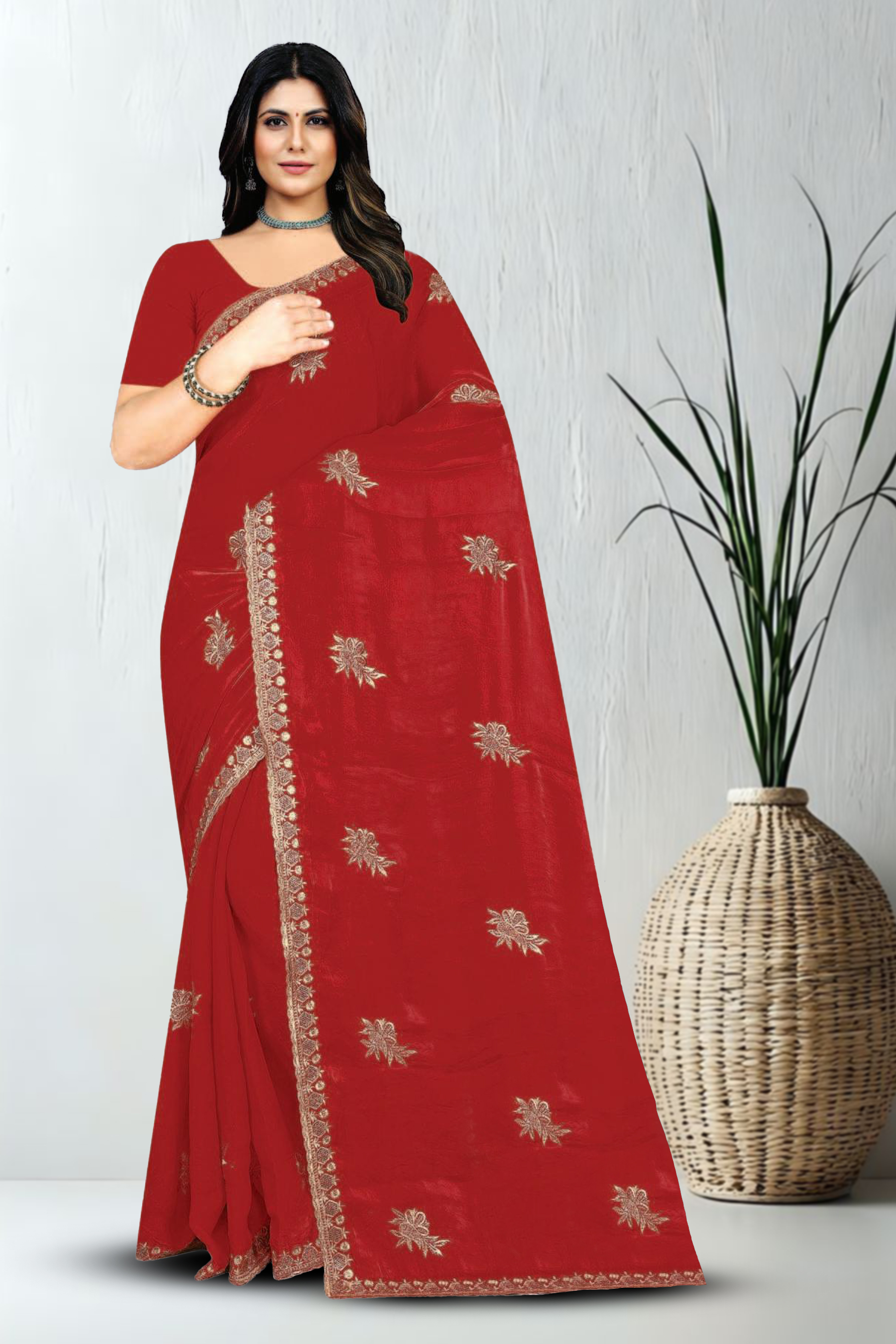 Fancy Dyed Embroidery Work Saree With Un-Stitched Blouse