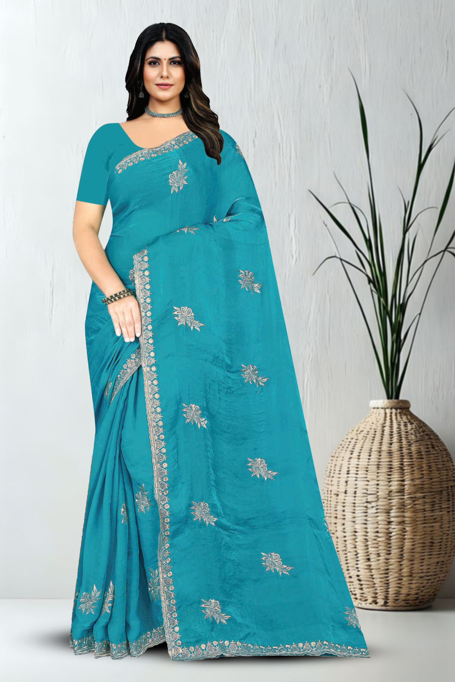 Fancy Dyed Embroidery Work Saree With Un-Stitched Blouse