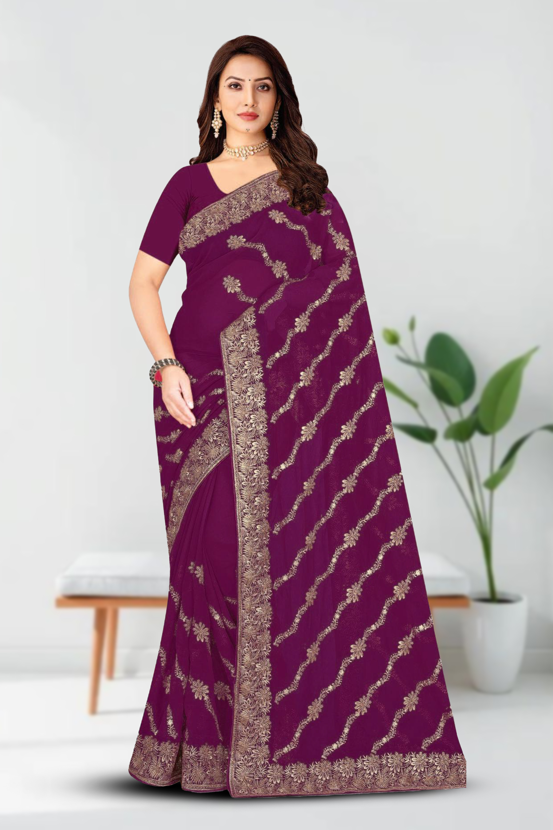 Fancy Dyed Embroidery Work Saree With Un-Stitched Blouse