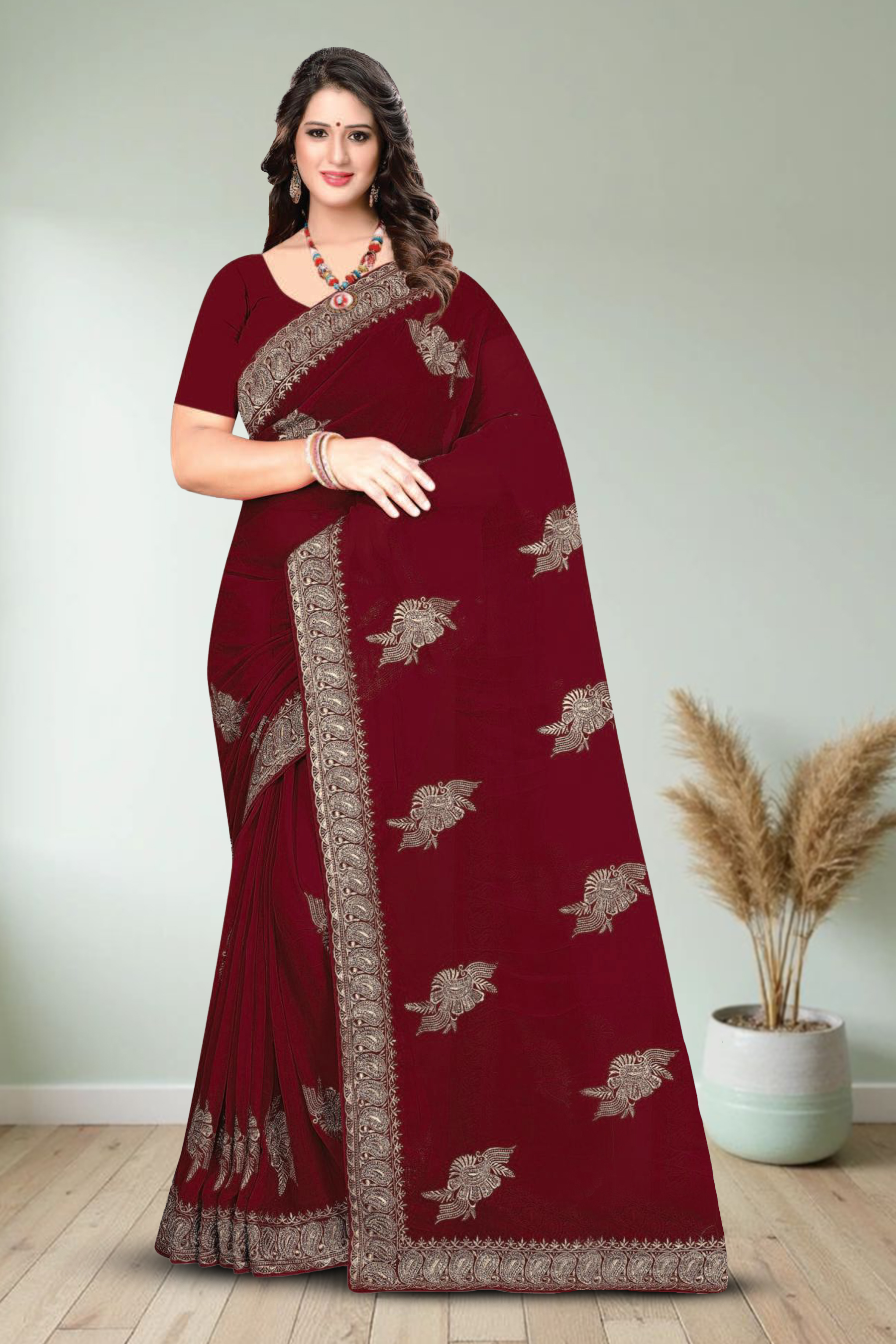 Fancy Dyed Embroidery Work Saree With Un-Stitched Blouse