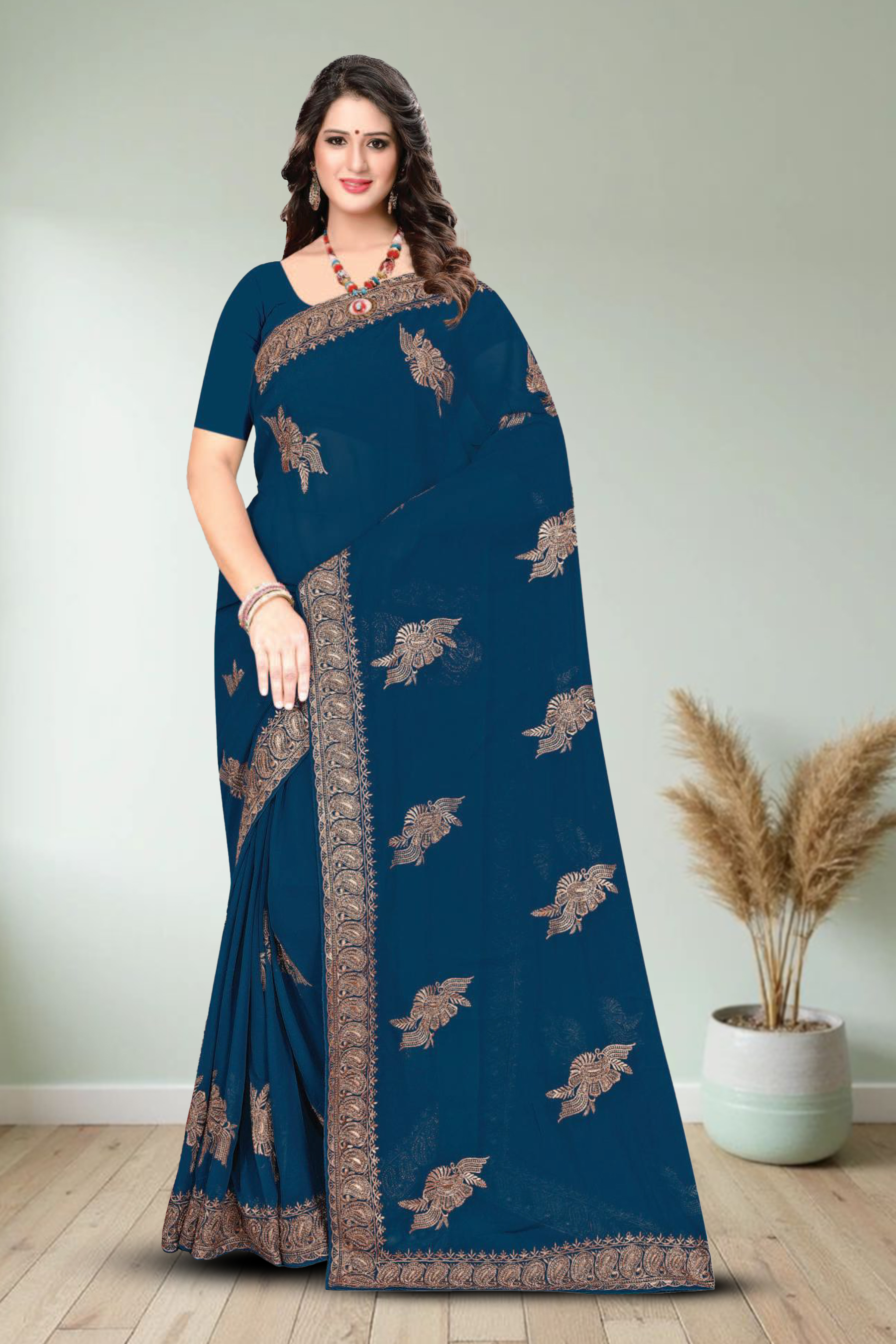 Fancy Dyed Embroidery Work Saree With Un-Stitched Blouse