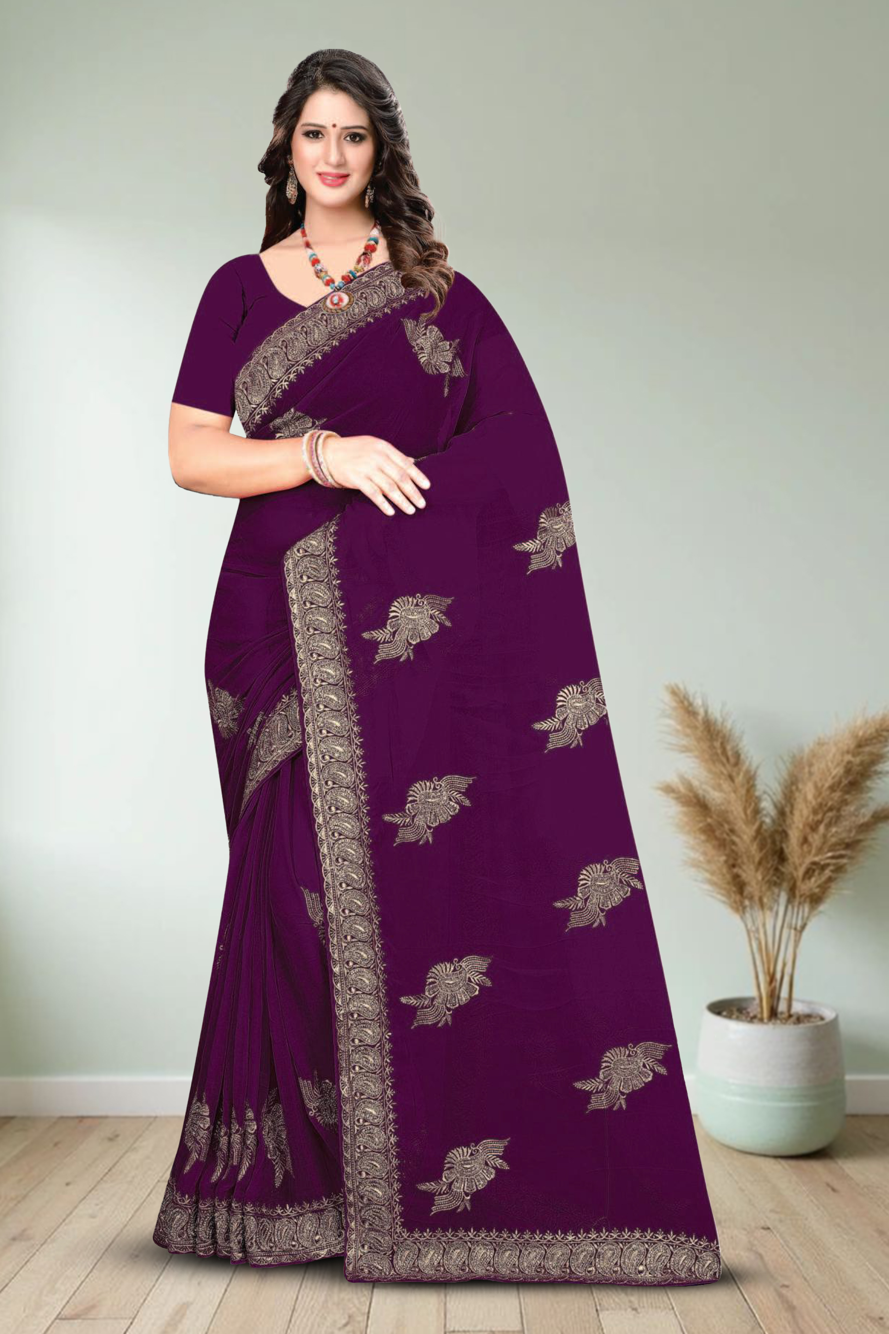 Fancy Dyed Embroidery Work Saree With Un-Stitched Blouse