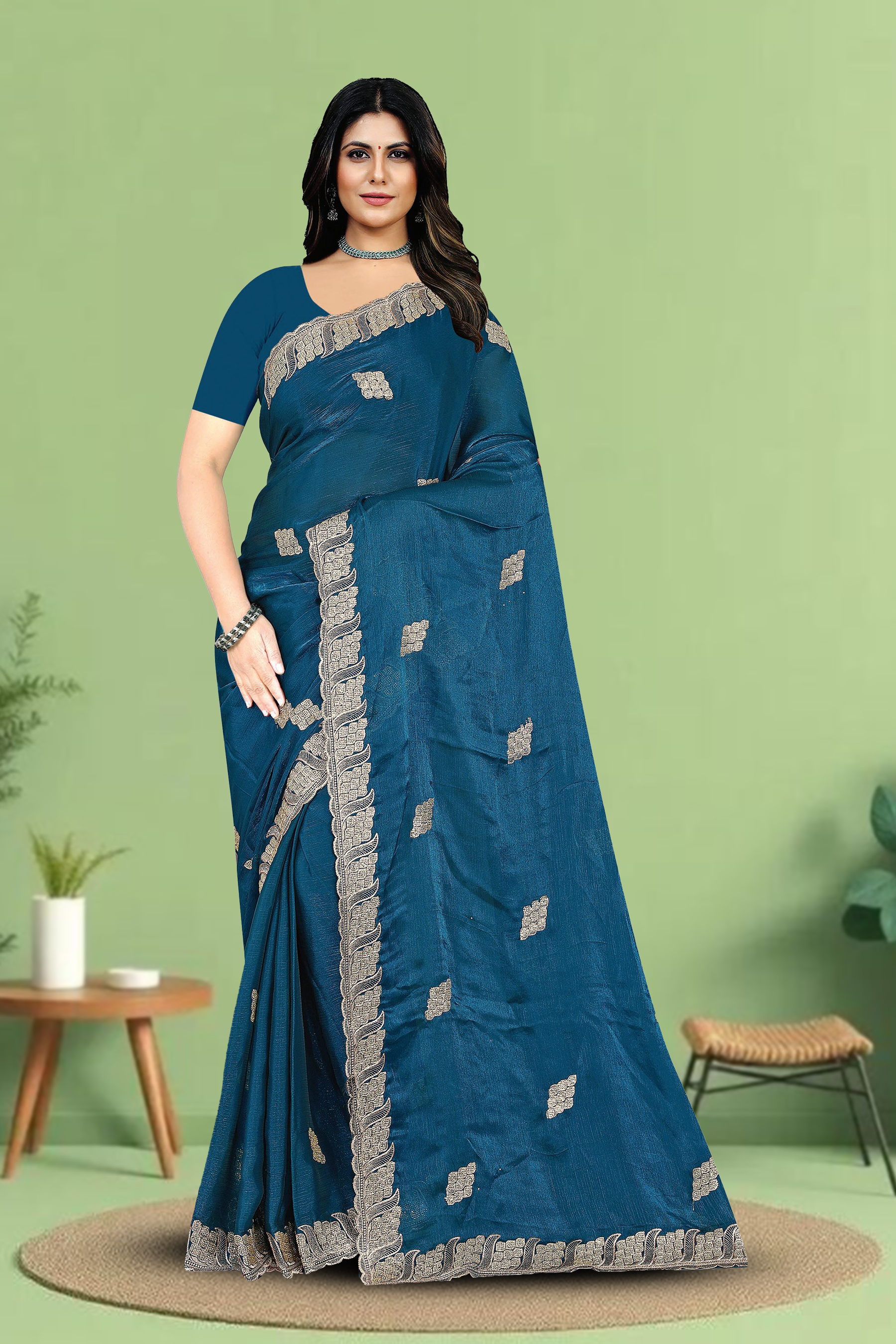Fancy Dyed Embroidery Work Saree With Un-Stitched Blouse