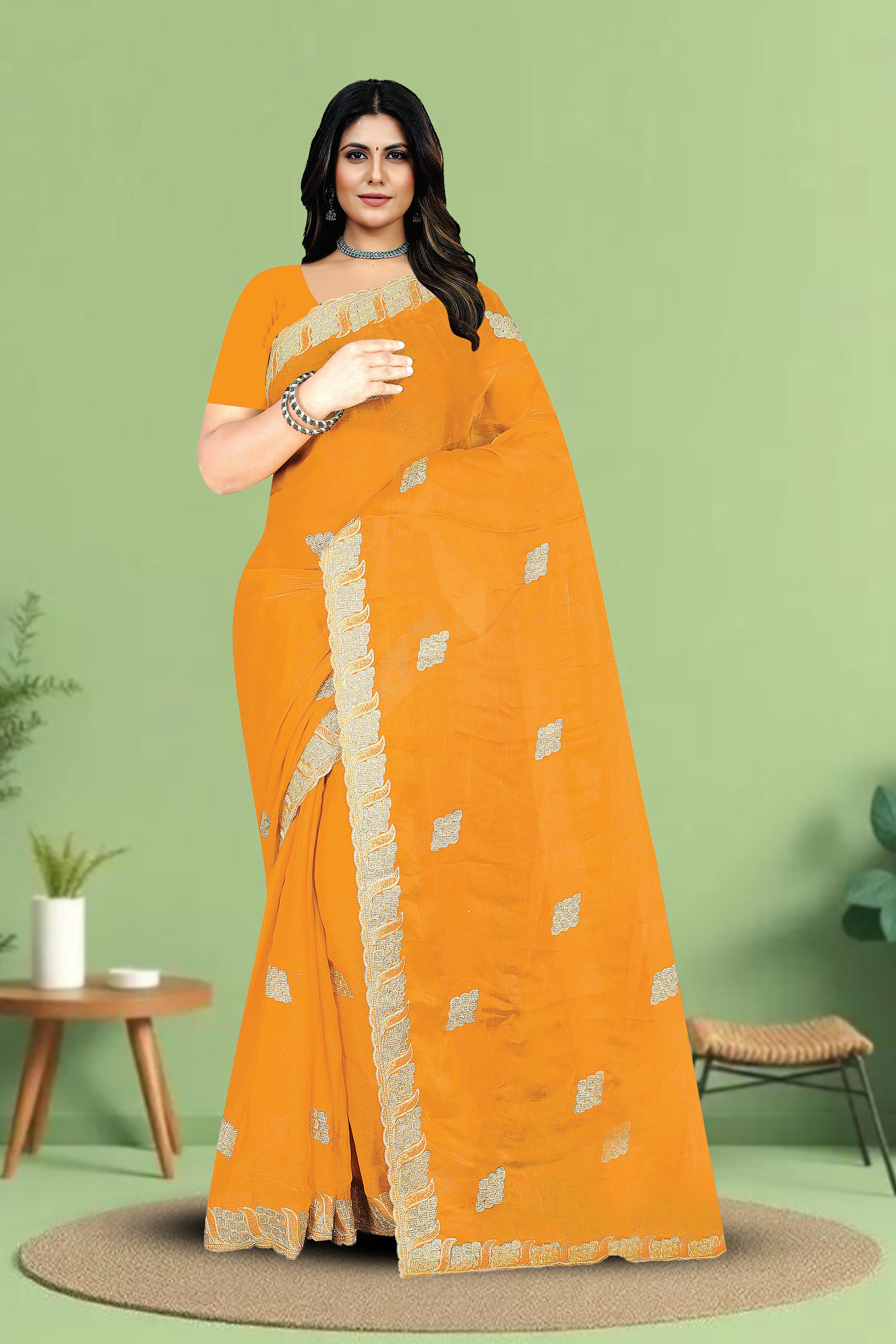 Fancy Dyed Embroidery Work Saree With Un-Stitched Blouse