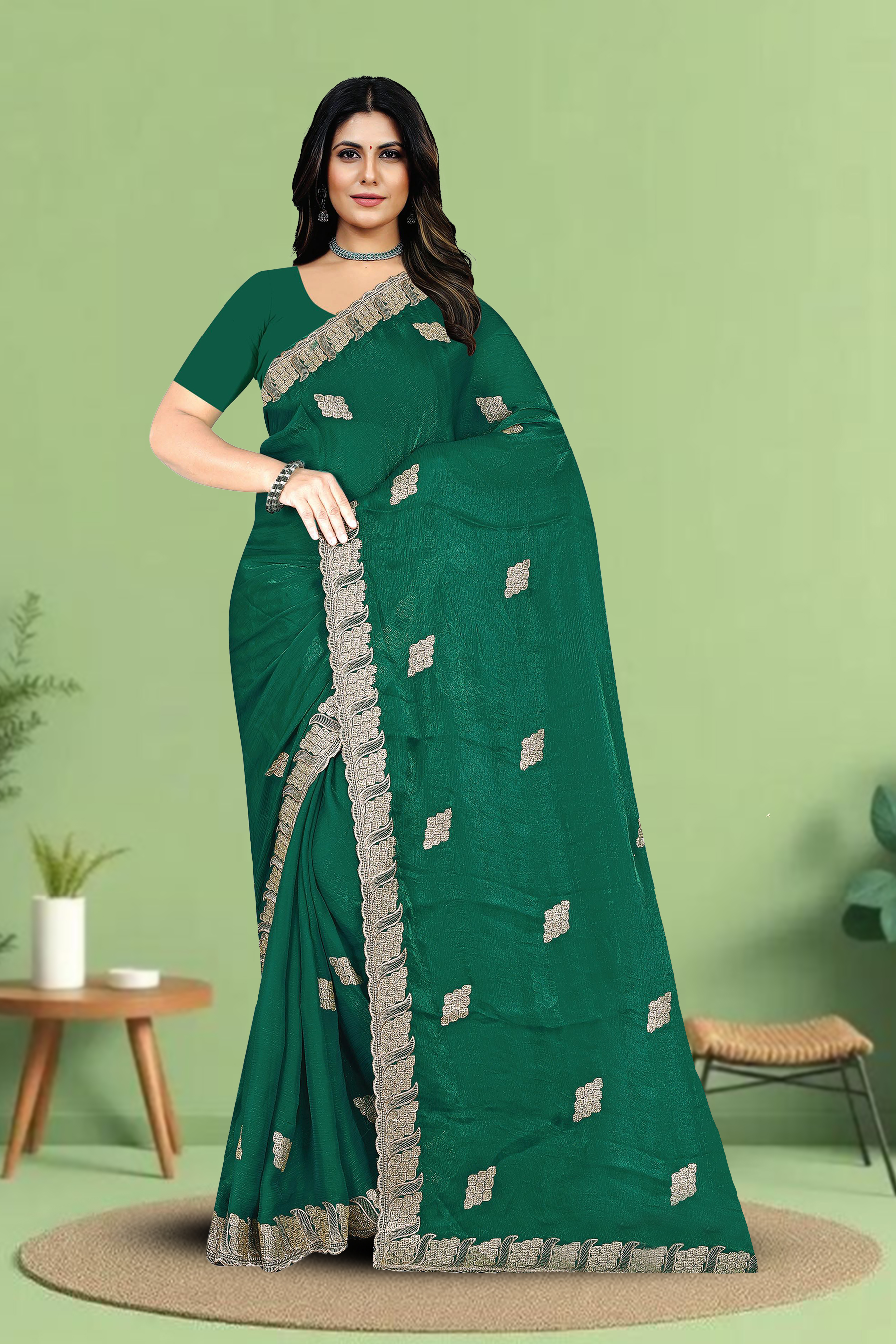 Fancy Dyed Embroidery Work Saree With Un-Stitched Blouse
