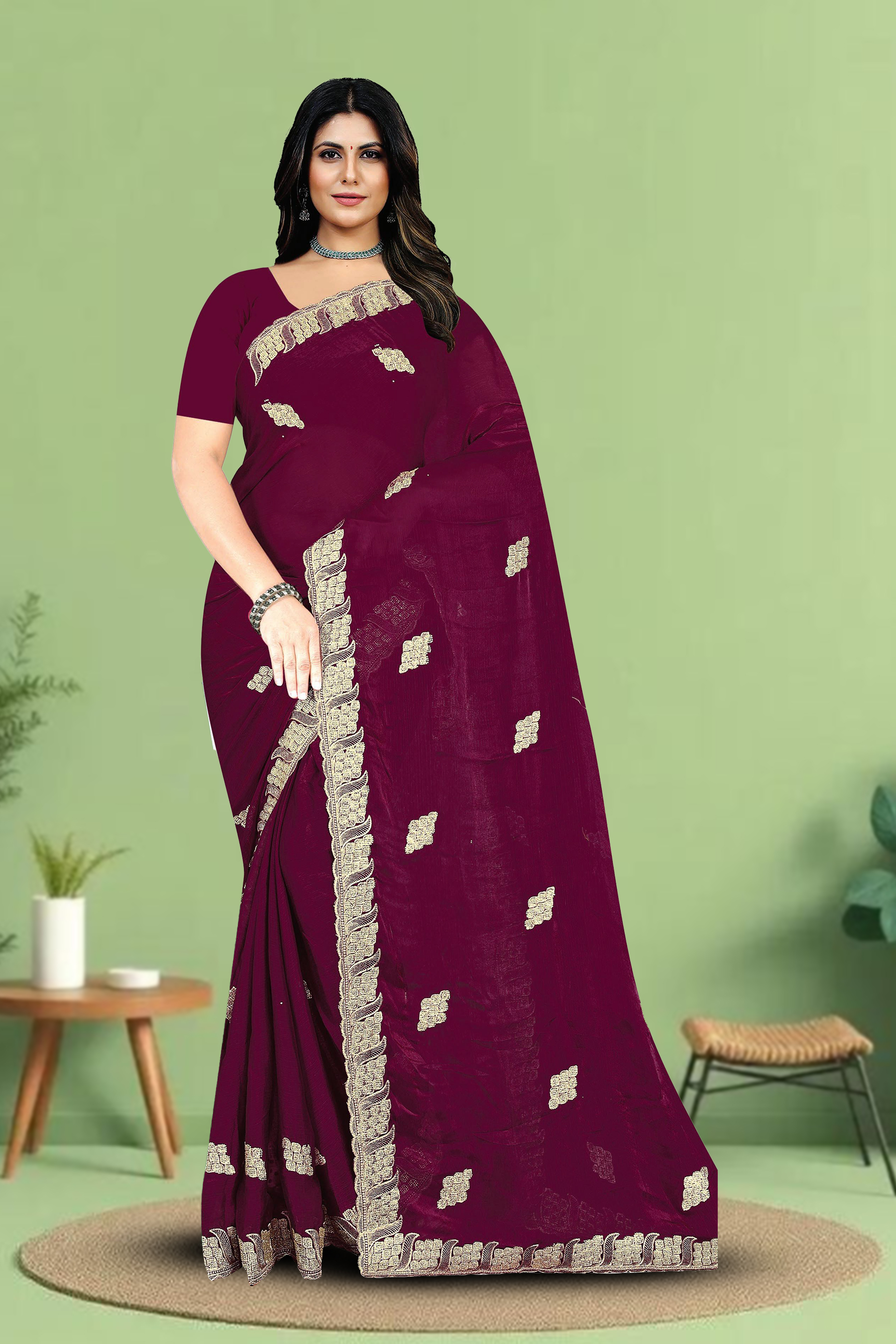 Fancy Dyed Embroidery Work Saree With Un-Stitched Blouse