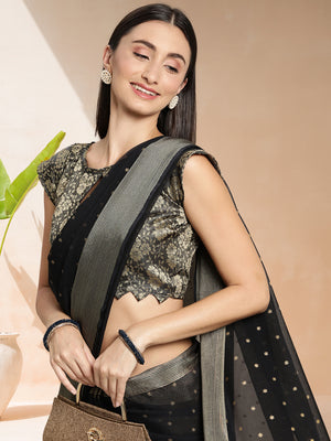 Black Chiffon Ready To Wear Saree With Blouse Piece