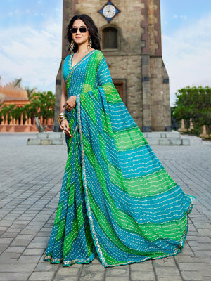 Blue & Green Georgette Embellished Saree With Blouse Piece