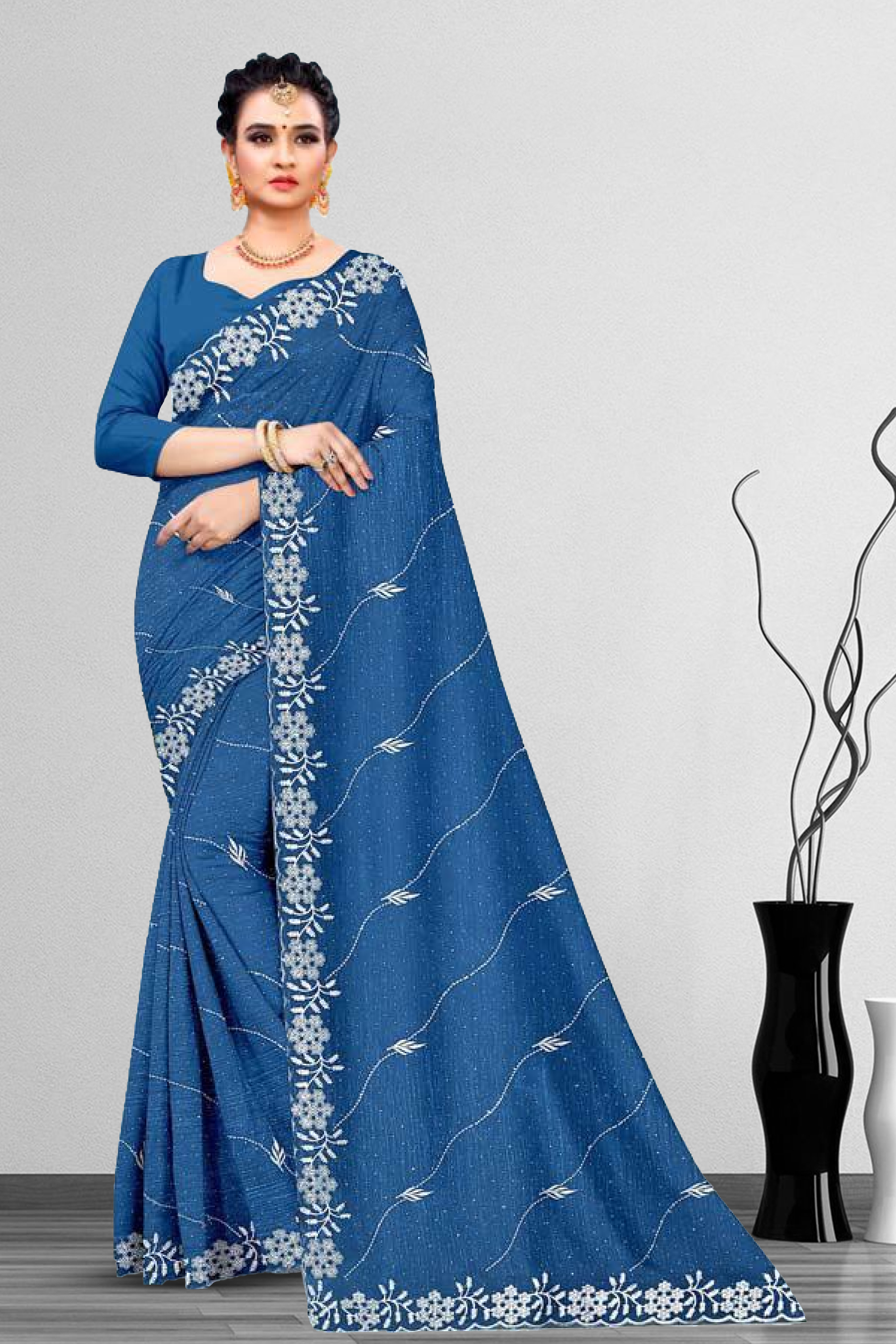 Dyed Embroidery Work Saree With Un Stitched Blouse