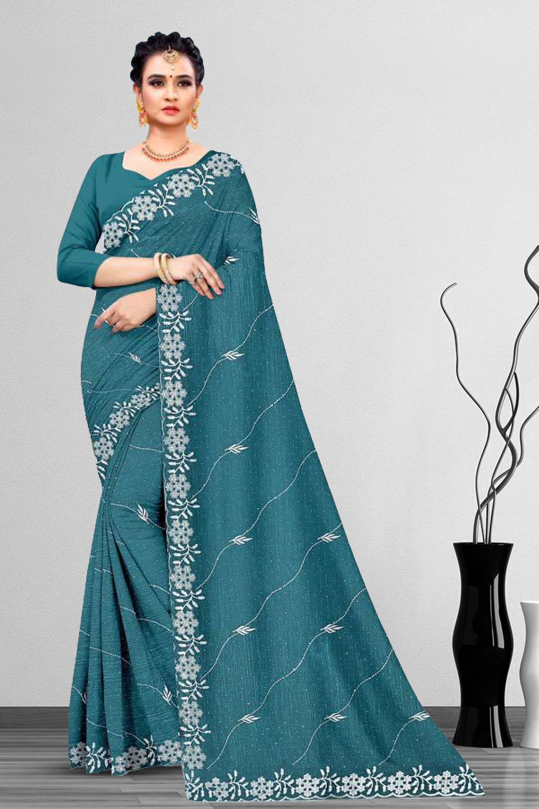Dyed Embroidery Work Saree With Un Stitched Blouse