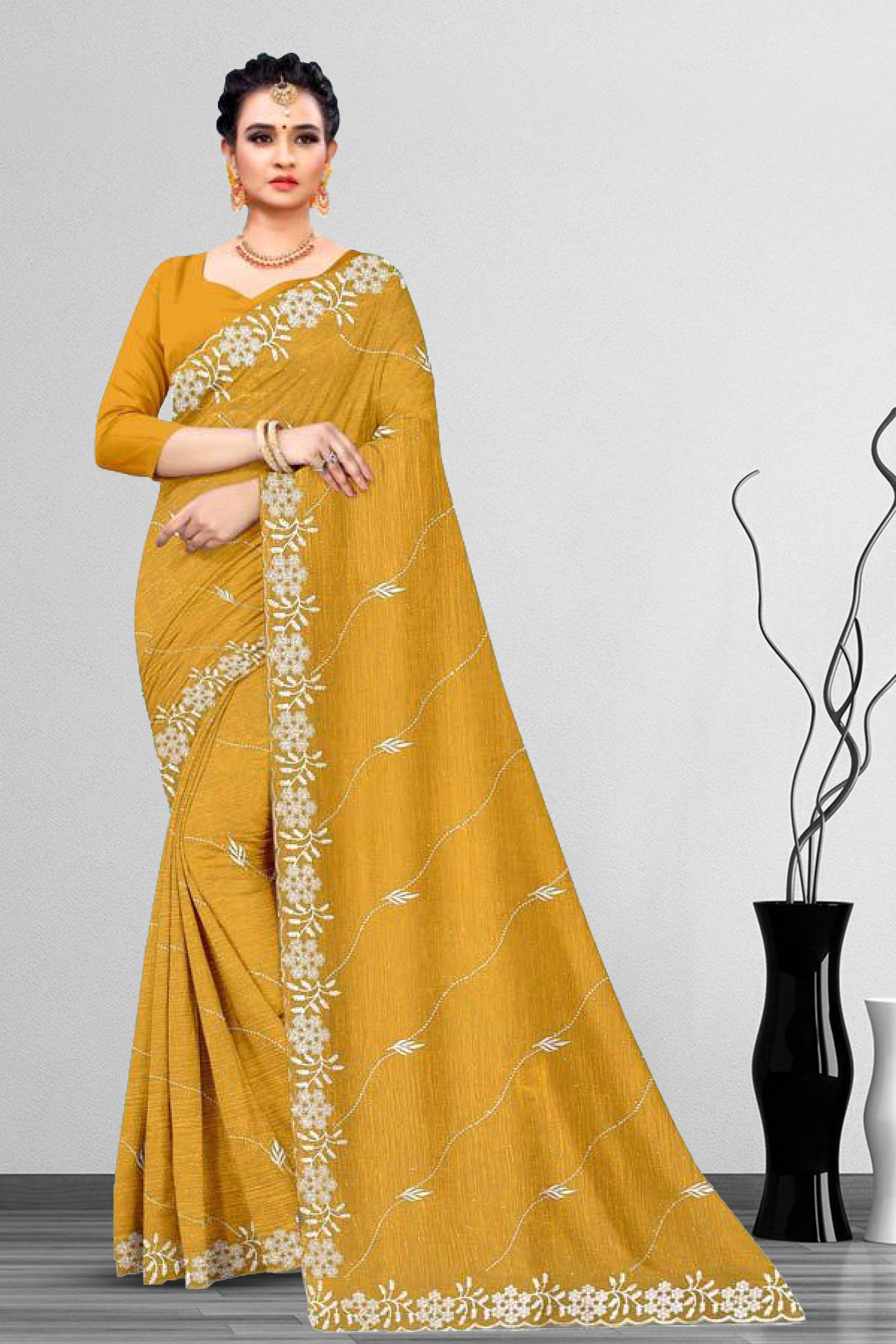 Dyed Embroidery Work Saree With Un Stitched Blouse