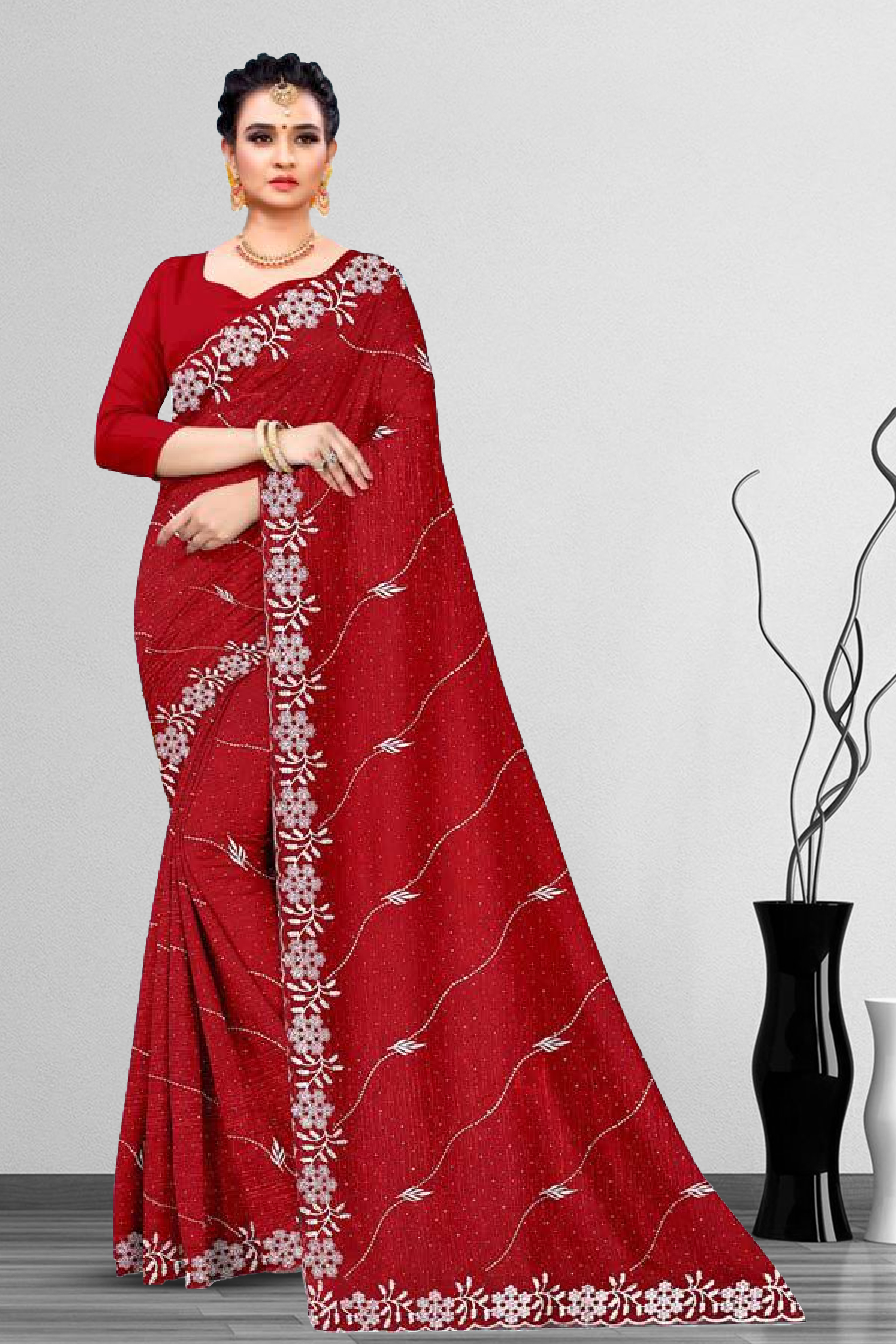 Dyed Embroidery Work Saree With Un Stitched Blouse