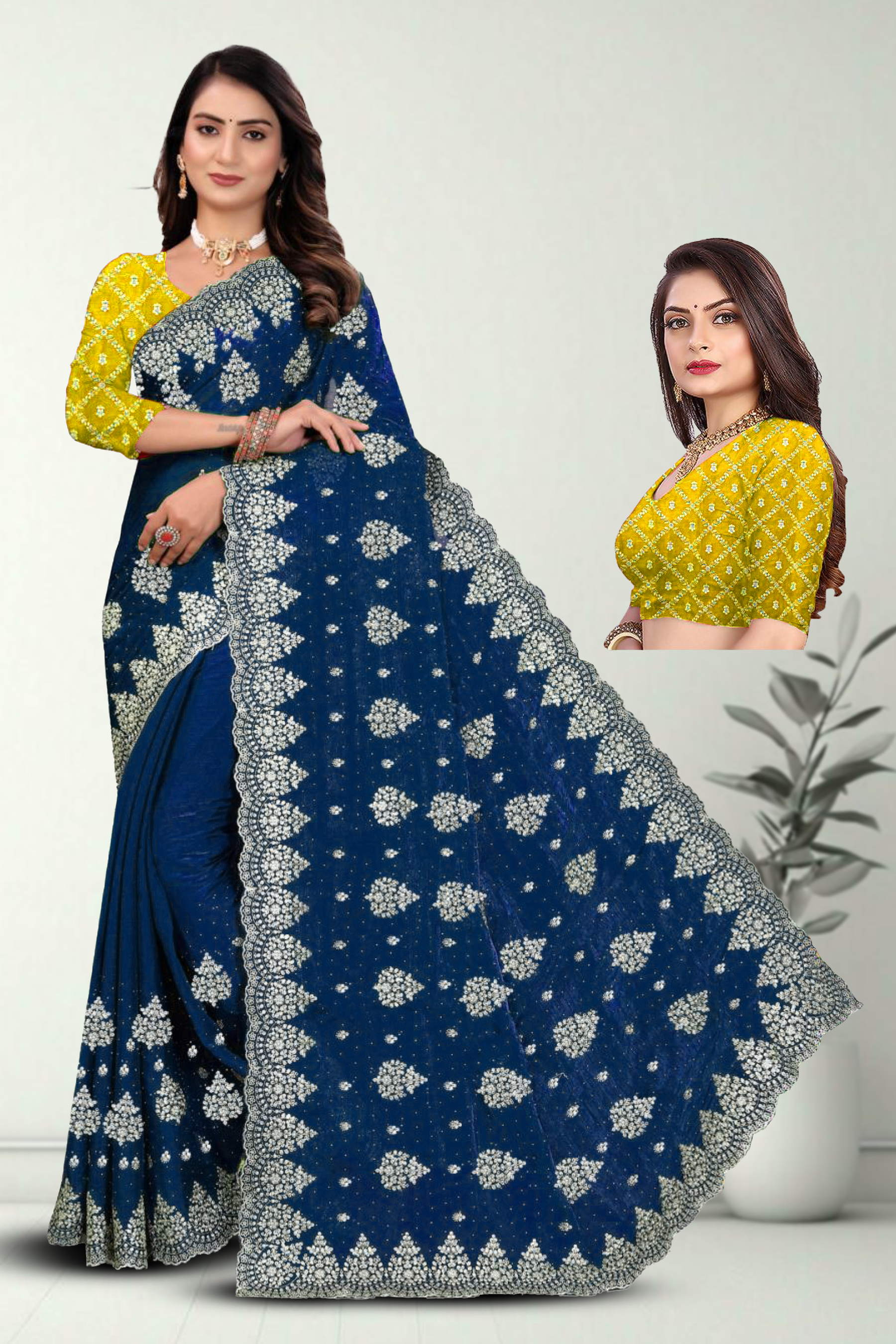Fancy Dyed Embroidery Work Saree With Un-Stitched Blouse