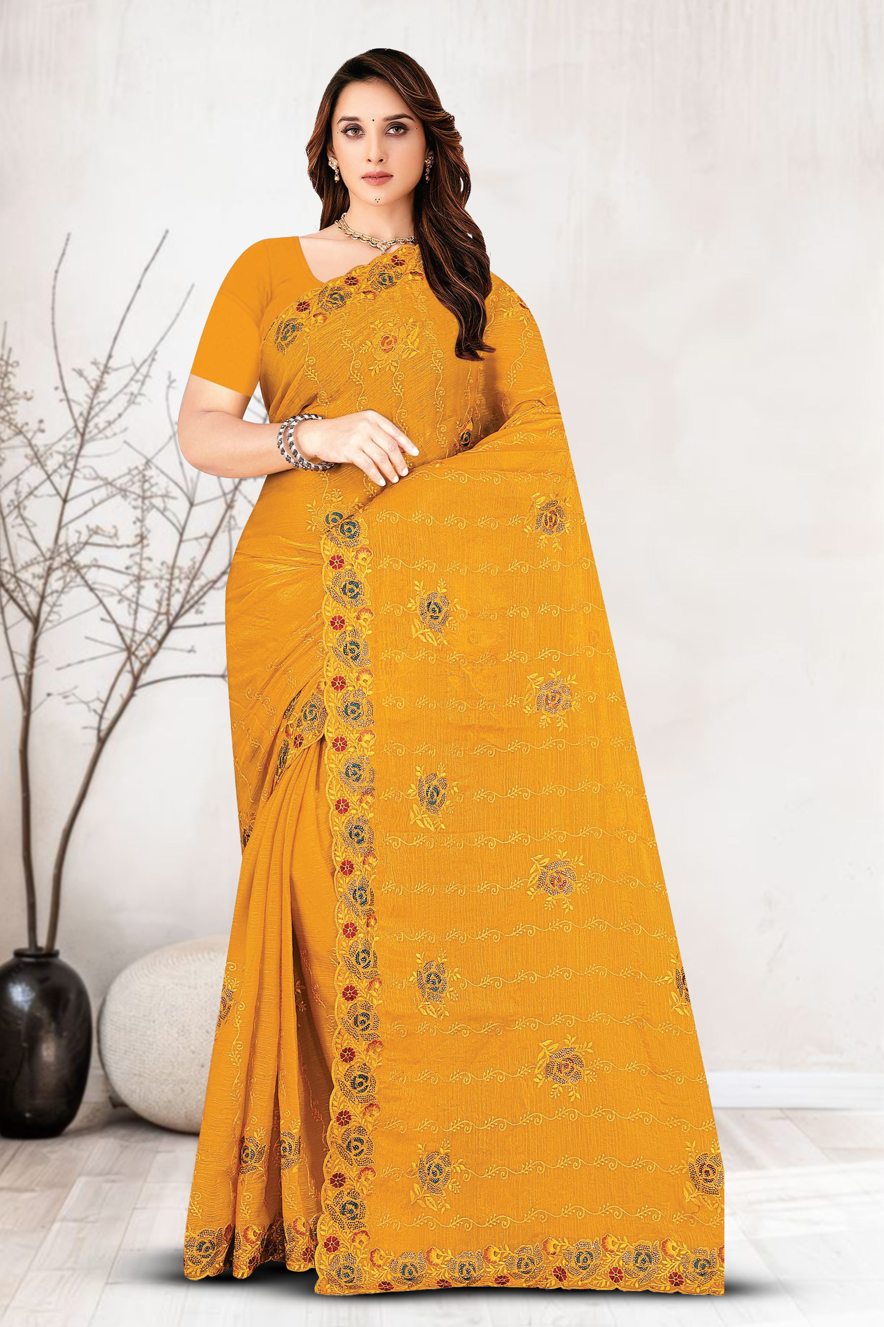 Dyed Embroidery Saree With Un-Stitched Blouse