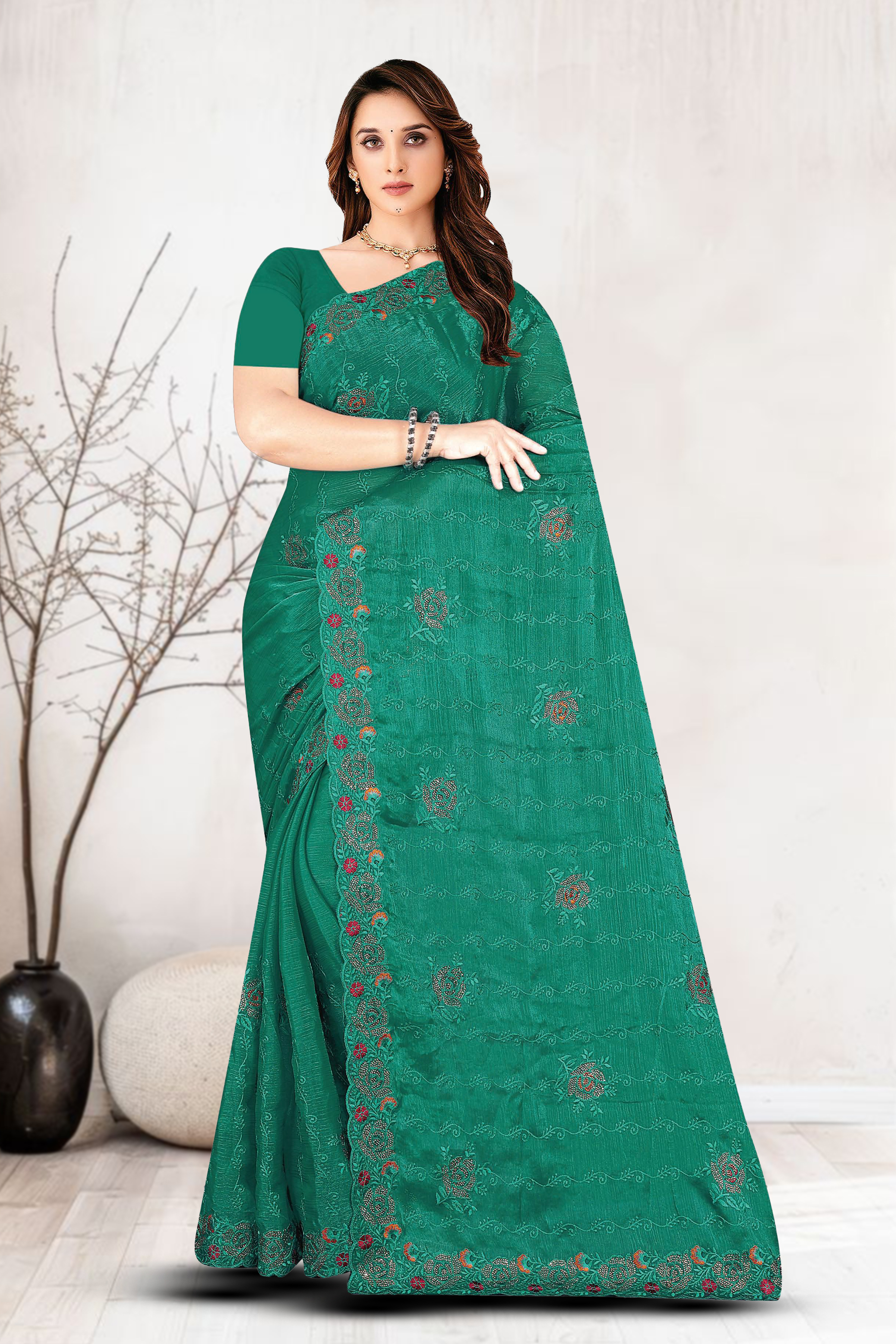 Dyed Embroidery Saree With Un-Stitched Blouse