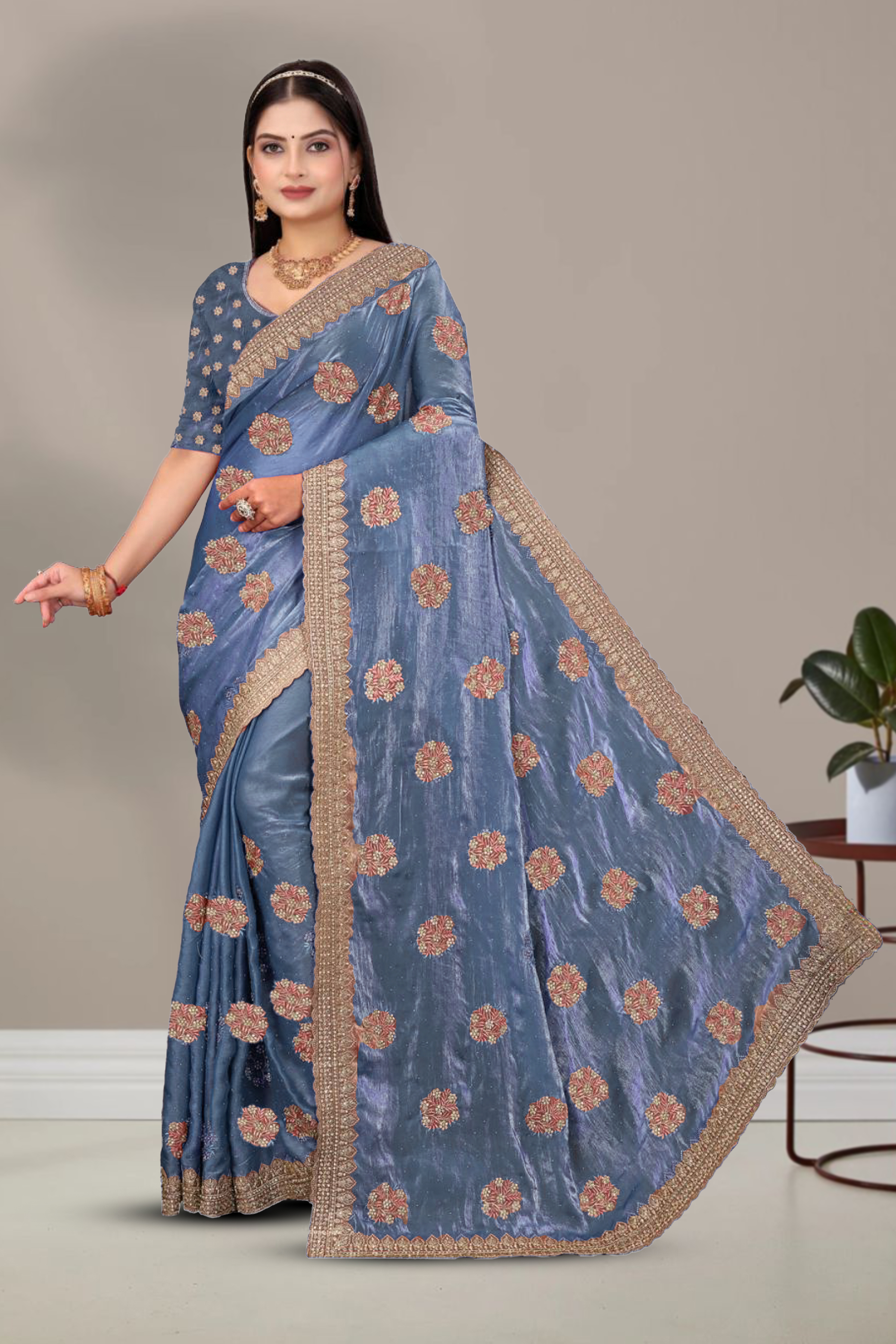 Dyed Embroidery Work Saree With Un-Stitched Blouse