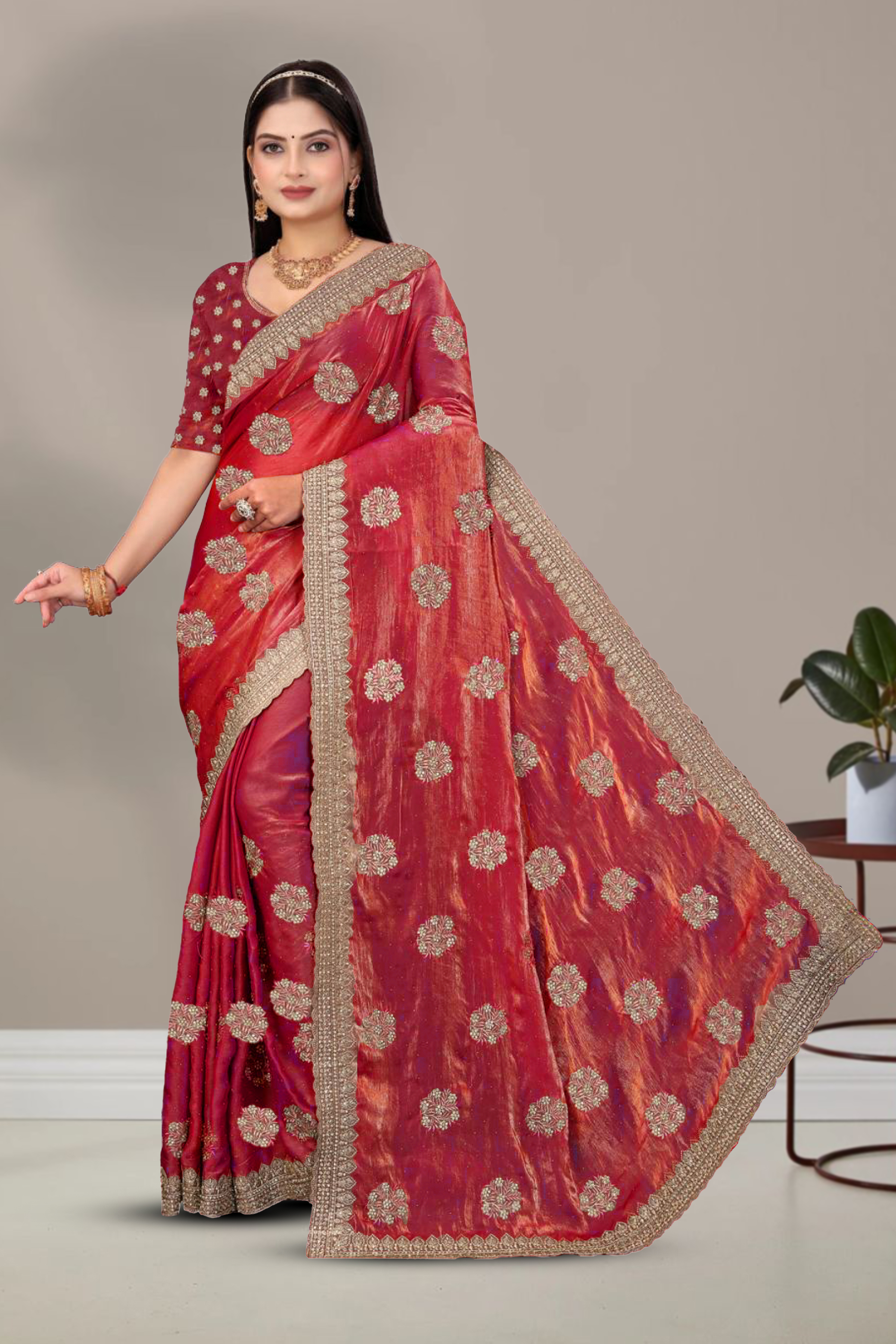 Dyed Embroidery Saree With Un-Stitched Blouse