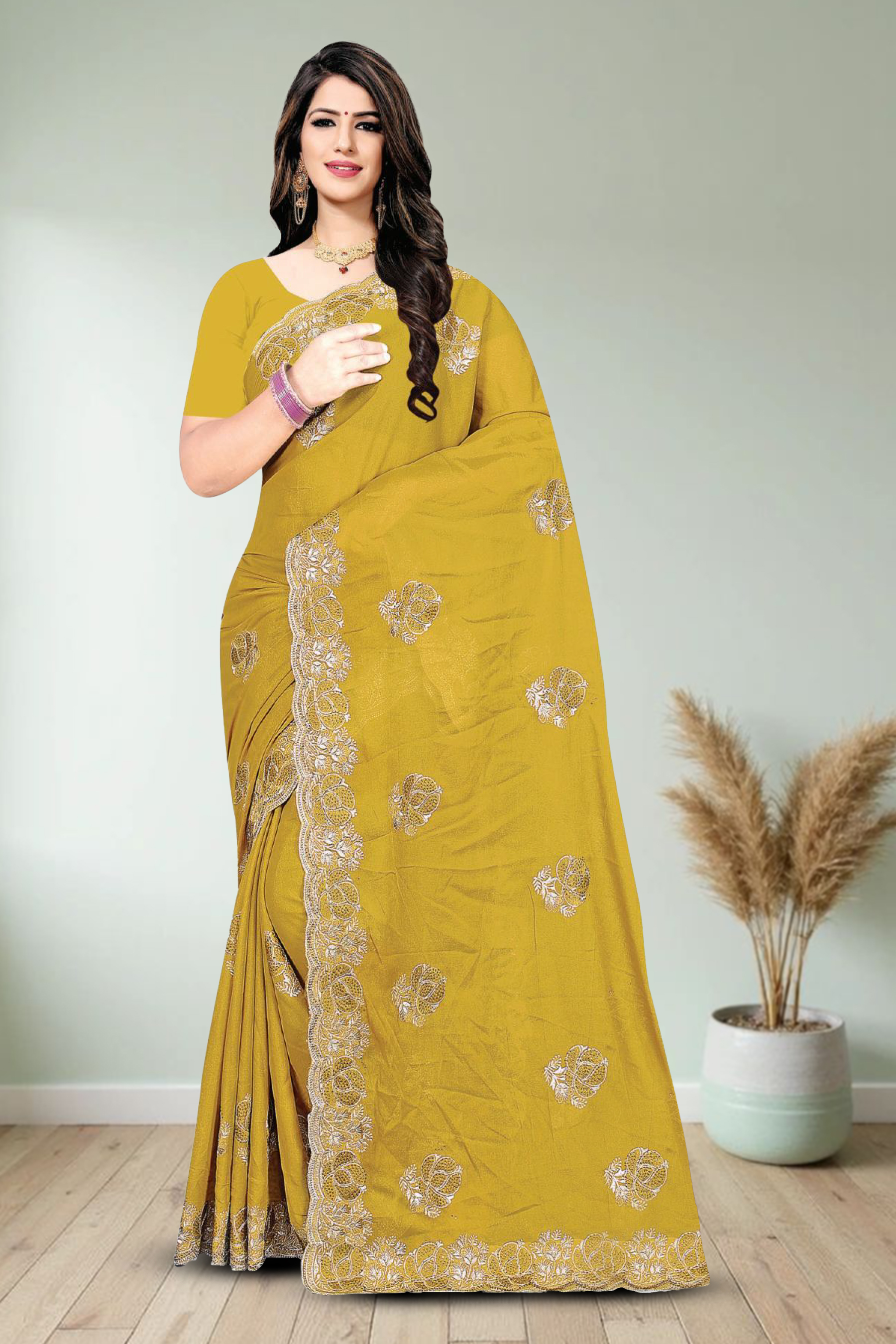 Fancy Dyed Embroidery Work Saree With Un-Stitched Blouse