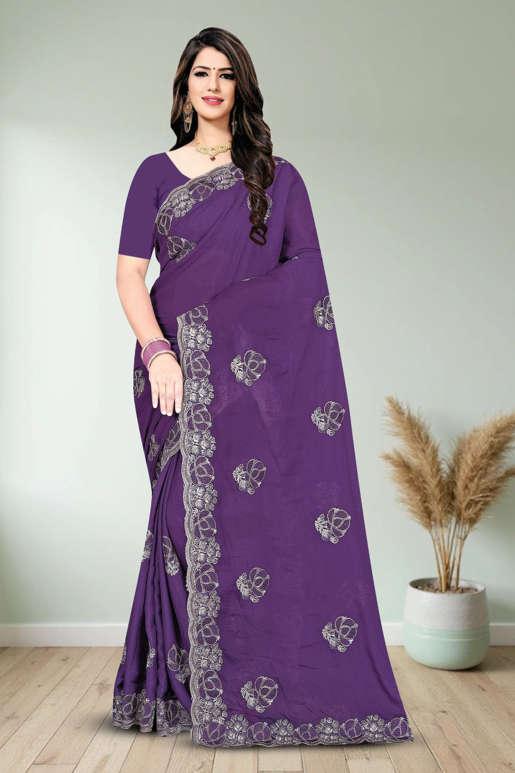 Fancy Dyed Embroidery Work Saree With Un-Stitched Blouse