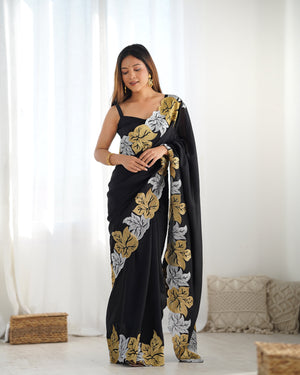 Black Vichitra Silk Sequins Embroidery Work With Cut Work Border Saree With Blouse Piece