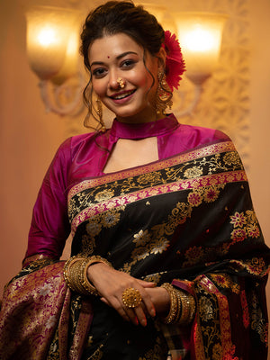 Black Soft Banarasi Silk Zari Woven Saree With Blouse Piece
