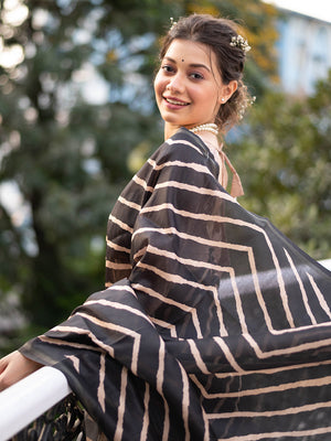 Black Tussar Silk Leheriya Printed Zari Border Saree With Blouse Piece