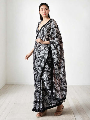 Black Chinon Digital Print with Lace Border Ready to Wear Saree