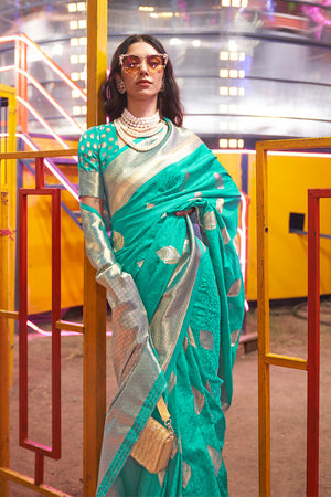 Teal Blue Banarasi Art Silk Saree With Blouse Piece