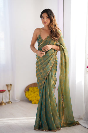 Green Nc Chiffon Chex With Cutdana Border Lace Saree With Blouse Piece