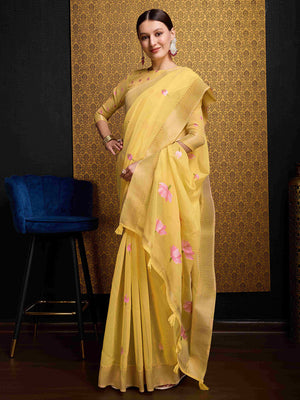 Yellow Linen Festive Wear Saree With Blouse Piece
